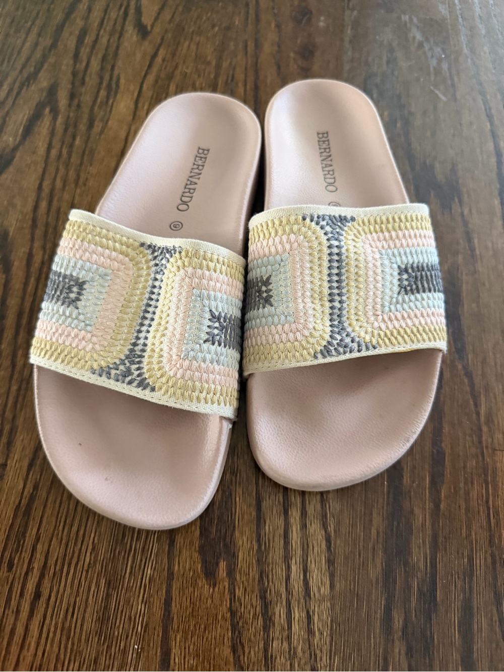 Bernardo Pink Slide Sandals with Pastel Crochet Band